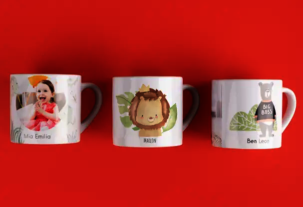 Kindertasse personalisiert mit niedlichen Motiven, Fotos, Sprüchen und Namen bei ORWO bestellen.