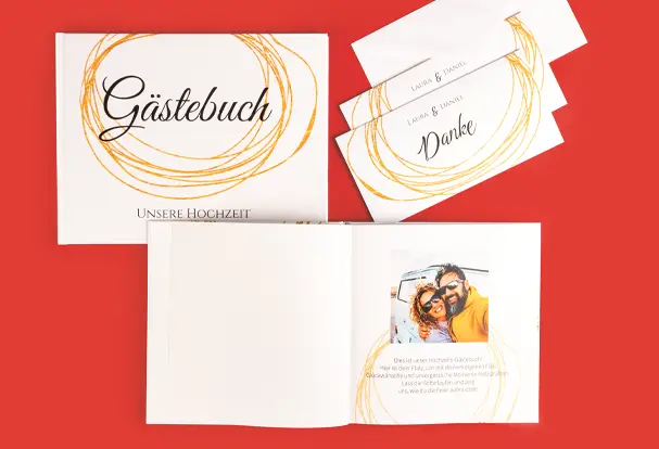 Fotogeschenke Hochzeit: Gästebuch und Danksagungskarten im Gold Brush Design