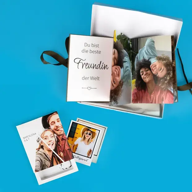 Valentinstag Fotogeschenke mit personalisiertem Fotoleporello, Bilderbox und Fotos als Erinnerung für die beste Freundin.