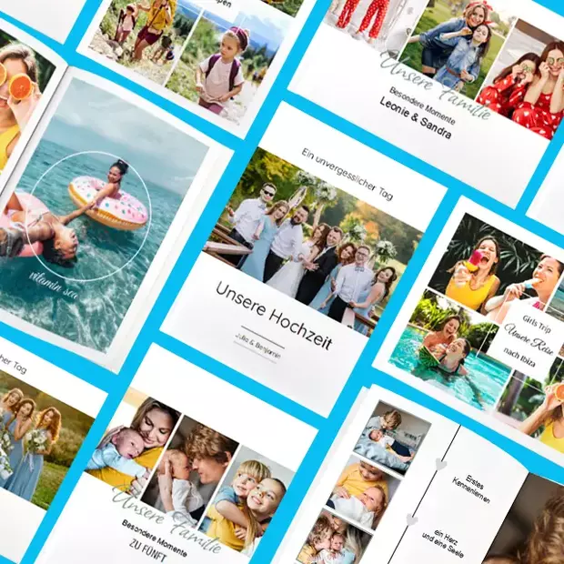 Auf einem Tisch liegen mehrere gestaltete Fotobücher in verschiedenen Formaten. Zu sehen sind Motive wie eine Hochzeit, Familienfotos und Reiseerinnerungen. Jedes Fotobuch präsentiert die einzigartigen Momente in persönlichem Design, erstellt mit der Fotobuch Software.