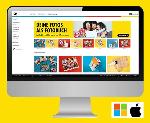 Ein Bildschirm zeigt die Startseite der kostenlosen Software ORWO Fotodesigner – die ideale Lösung zur Gestaltung persönlicher Fotoprodukte mit wenigen Klicks.