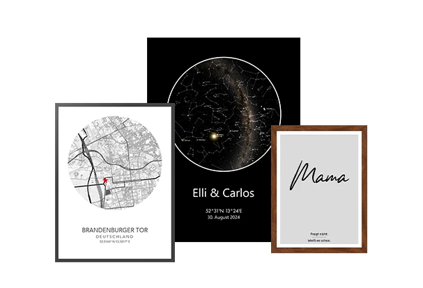Drei personalisierte Design-Poster mit Stadtplan, Sternenhimmel und Namensmotiv in verschiedenen Bilderrahmen