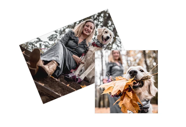 Zwei gedruckte Fotos mit persönlichen Herbstmotiven einer Frau mit ihrem Hund im Freien