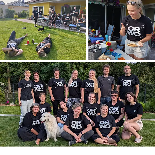 Viele lachende Menschen in schwarzen ORWO T-Shirts im Garten. Wir feiern unseren 1. Jahrestag der Marke ORWO.