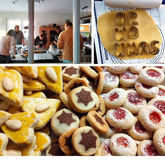 Selbst gebackene Weihnachtsplätzchen und ORWO XMAS Ausstechformen auf ausgerolltem Teig. Gemeinsam Backen ist eine Weihnachtstradition des ORWO-Marketing-Teams.