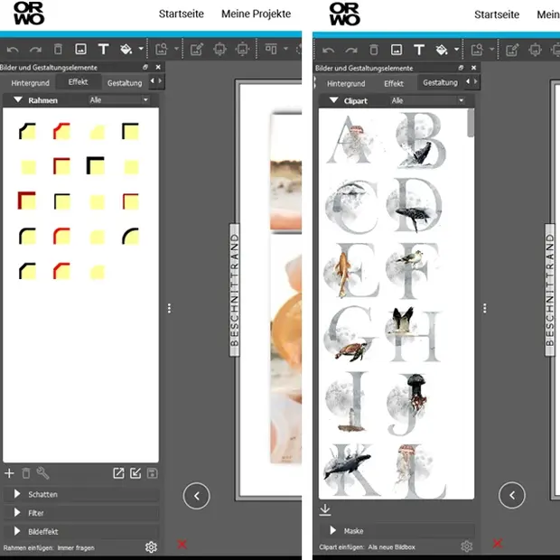 Screenshots des neuen Gestaltung-Reiters im ORWO Foto Designer