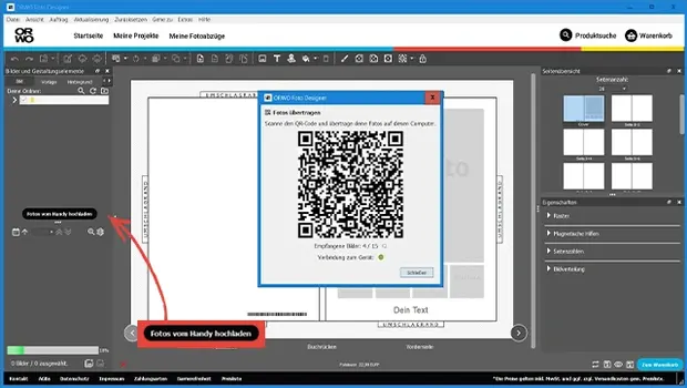Screenshot des ORWO Foto Designers mit Smartphone-Upload-Funktion